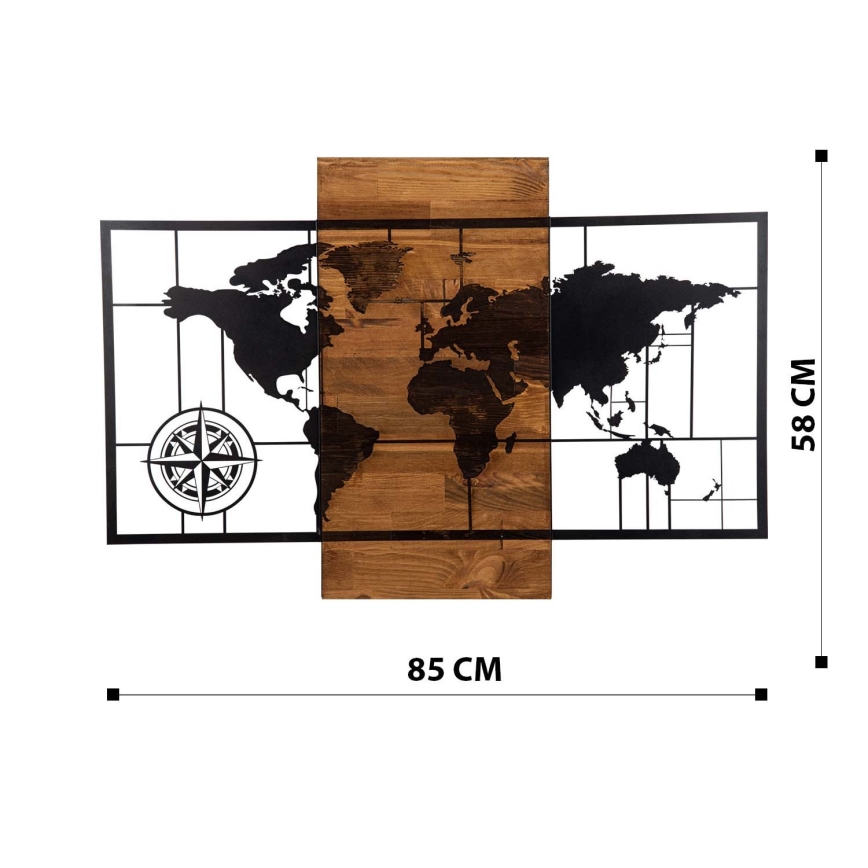 Wanddecoratie 58x85 cm wereldkaart hout/metaal