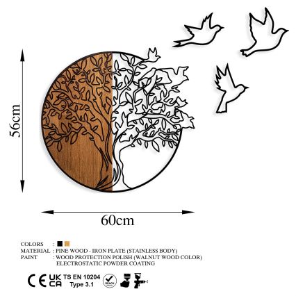 Wanddecoratie 60x56 cm boom en vogels hout/metaal ​