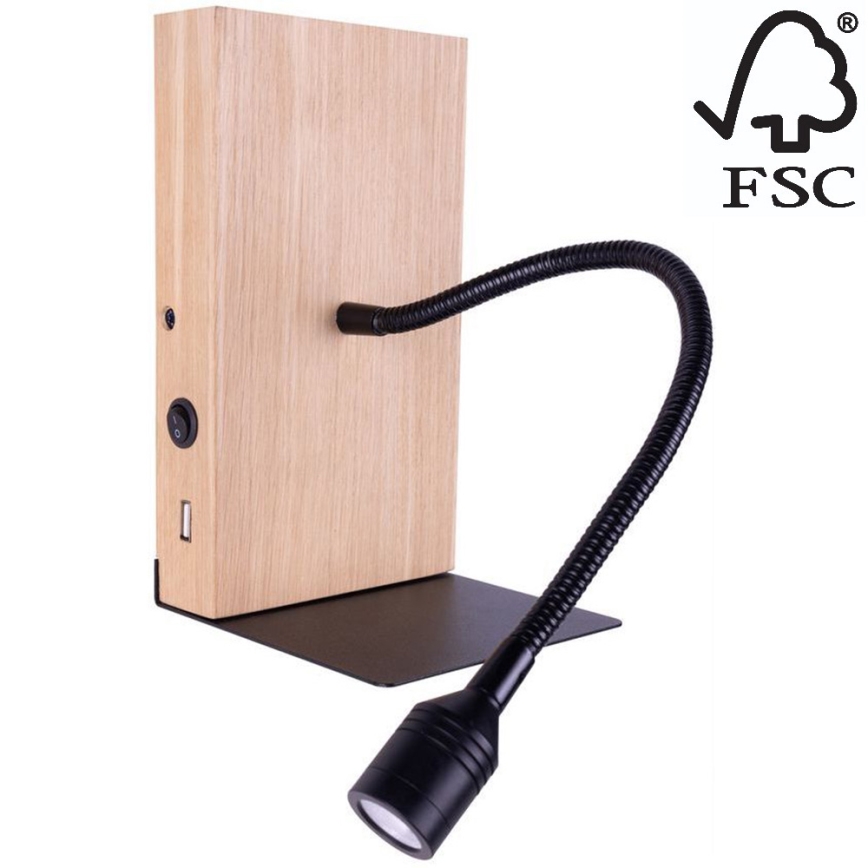 Wandlamp LECTOR LED/2,5W/230V USB eiken – FSC gecertificeerd