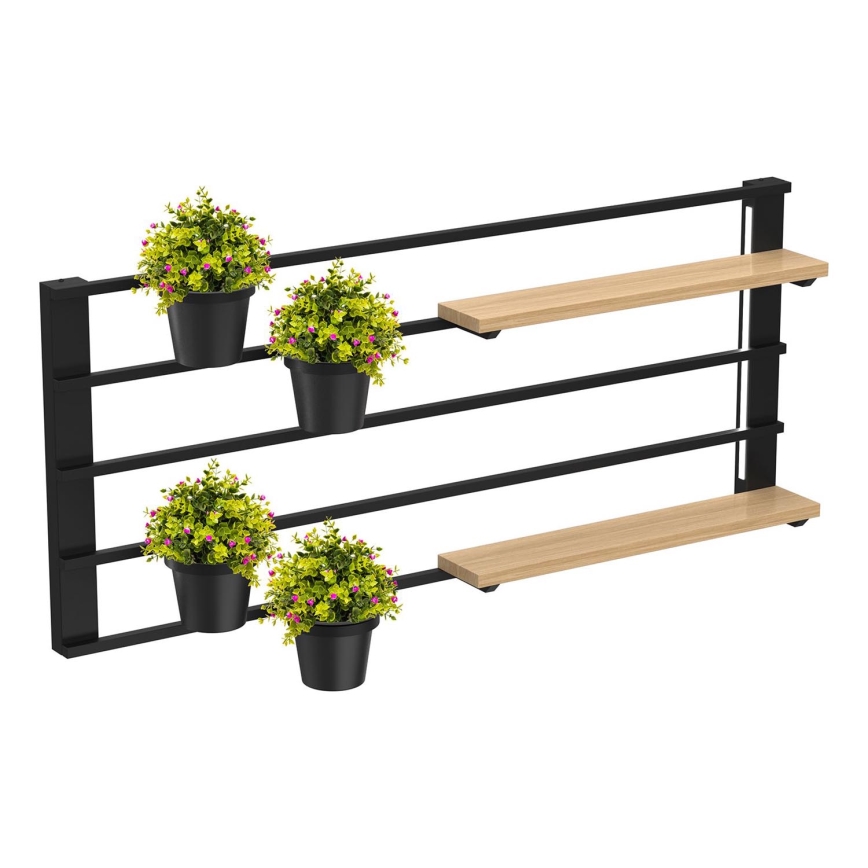 Wandplank met bloempotten en LED verlichting SHELF 50x118 cm zwart/beige/grenen