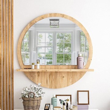 Wandspiegel met plank, diameter 60 cm, Atlantic dennenhout