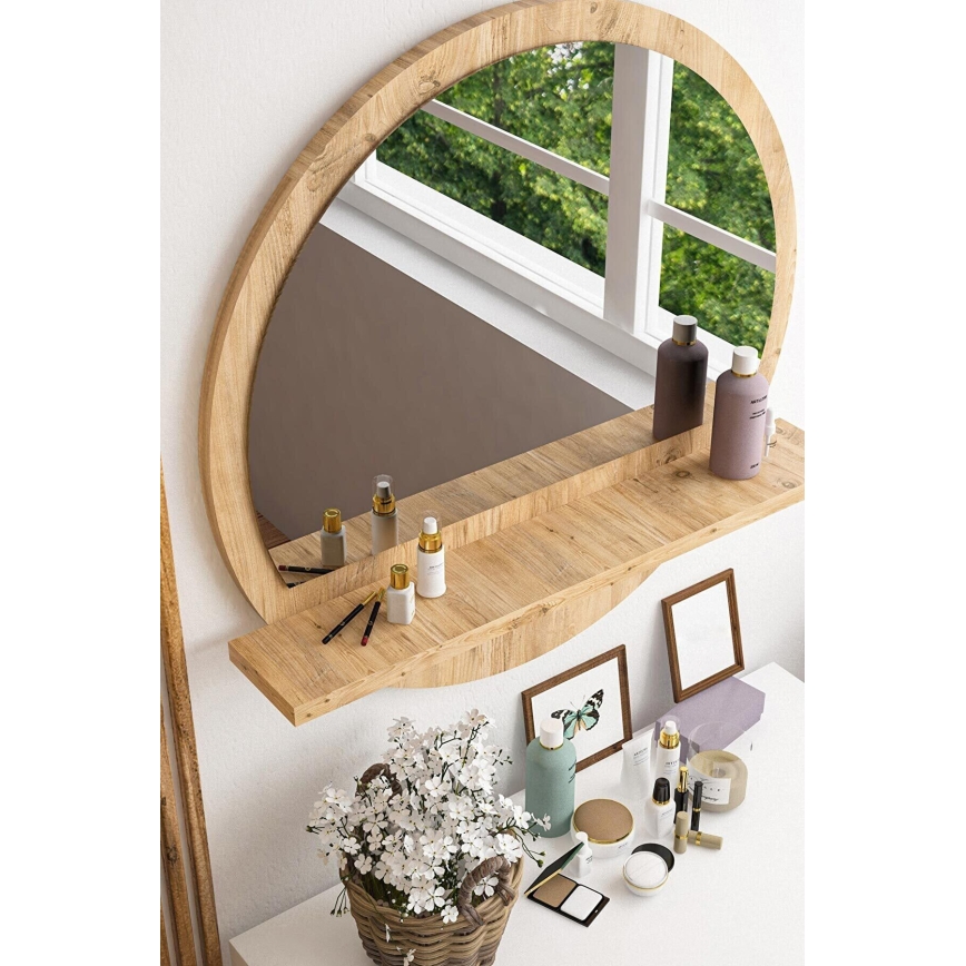 Wandspiegel met plank, diameter 60 cm, Atlantic dennenhout
