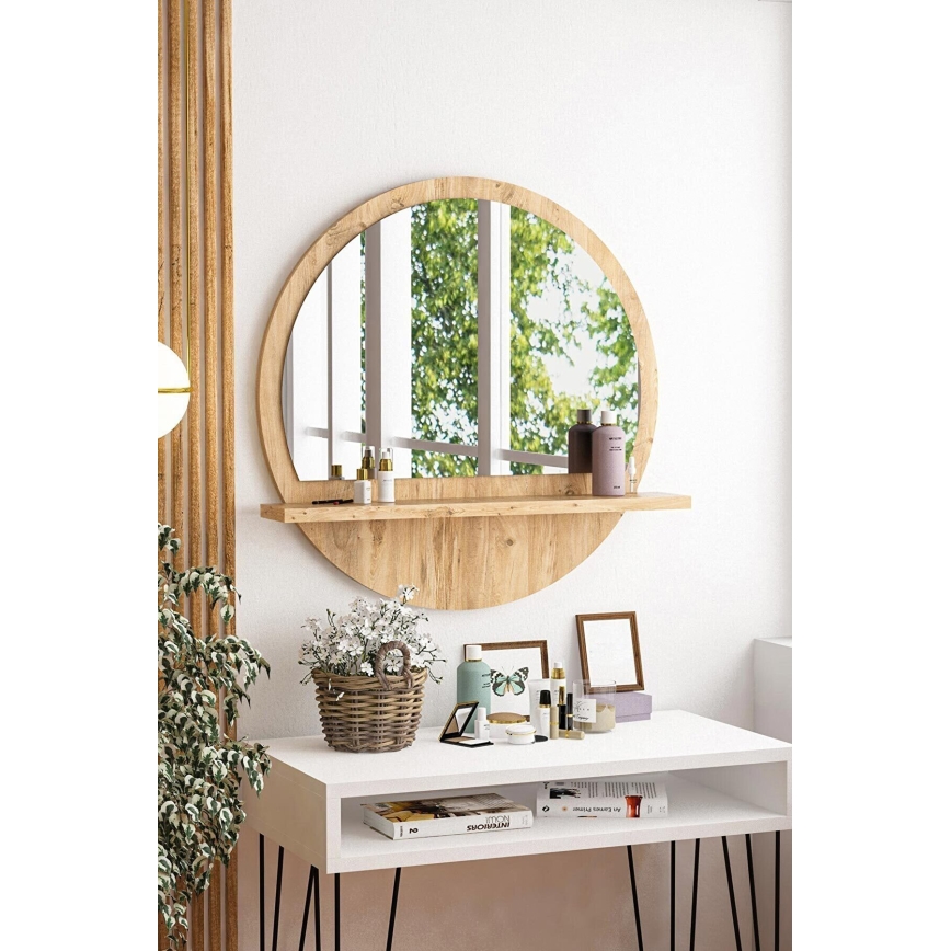 Wandspiegel met plank, diameter 60 cm, Atlantic dennenhout