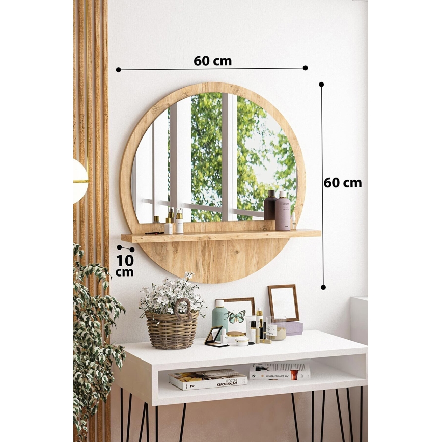 Wandspiegel met plank, diameter 60 cm, Atlantic dennenhout