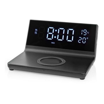 Wekker met LCD-display en draadloze oplader 15W/5V + 1xCR2032 zwart