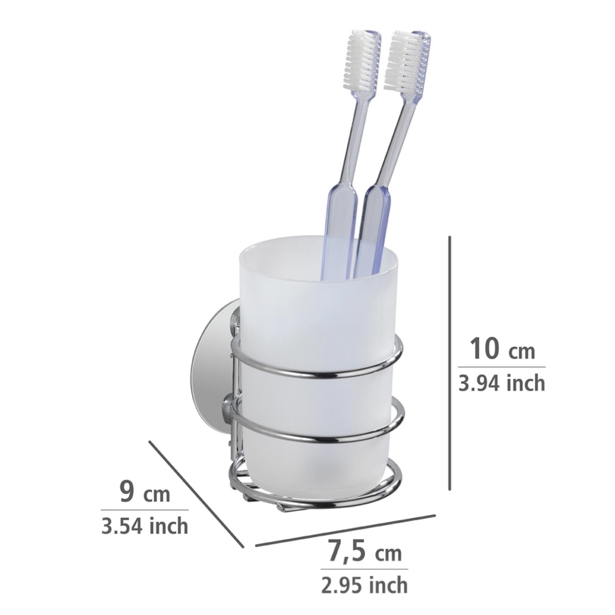 WENKO 18779100-Gobelet pour brosses à dents TURBO-LOC ROND ACIER 7,5x9 cm chrome brillant/blanc