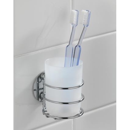 WENKO 18779100-Gobelet pour brosses à dents TURBO-LOC ROND ACIER 7,5x9 cm chrome brillant/blanc