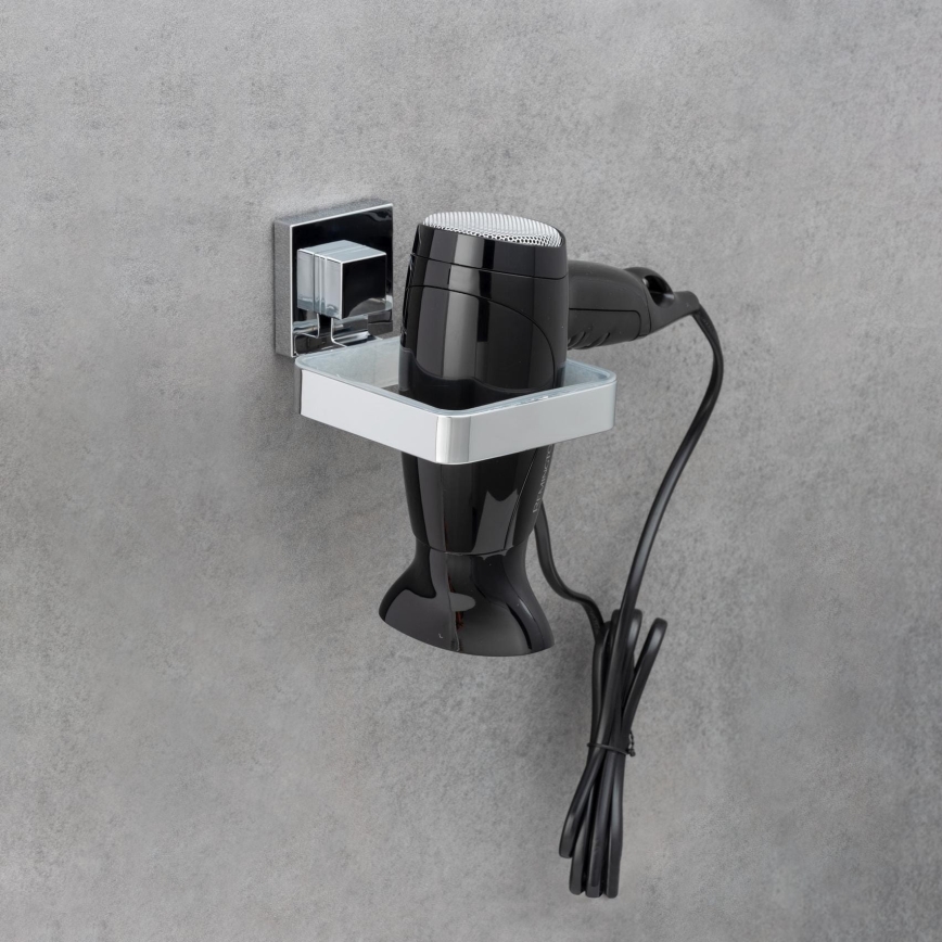 WENKO 22682100 -Support pour sèche-cheveux VACUUM-LOC QUADRO ED 13,5 x 14 cm argenté/chromé