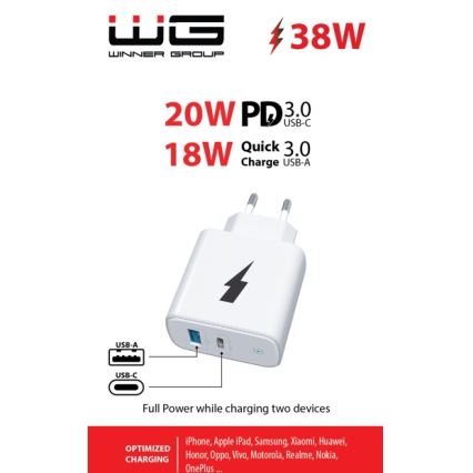 Winner Group - Adaptateur de charge rapide 1xUSB-C + 1xUSB-A Power Delivery 38W blanc