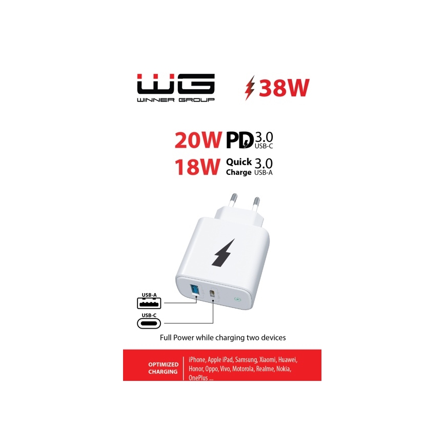 Winner Group - Adaptateur de charge rapide 1xUSB-C + 1xUSB-A Power Delivery 38W blanc