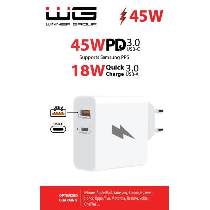 Winner Group - Adaptateur de charge rapide 1xUSB-C + 1xUSB-A Power Delivery 45W blanc