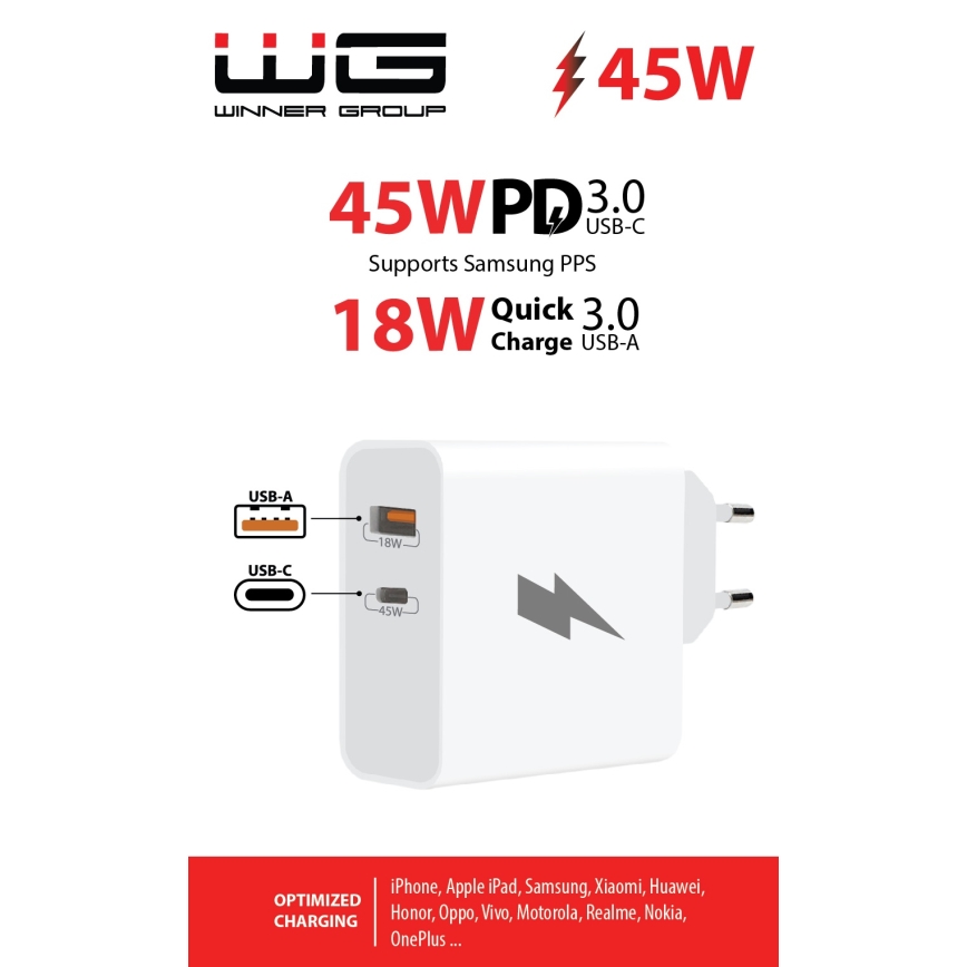 Winner Group - Adaptateur de charge rapide 1xUSB-C + 1xUSB-A Power Delivery 45W blanc