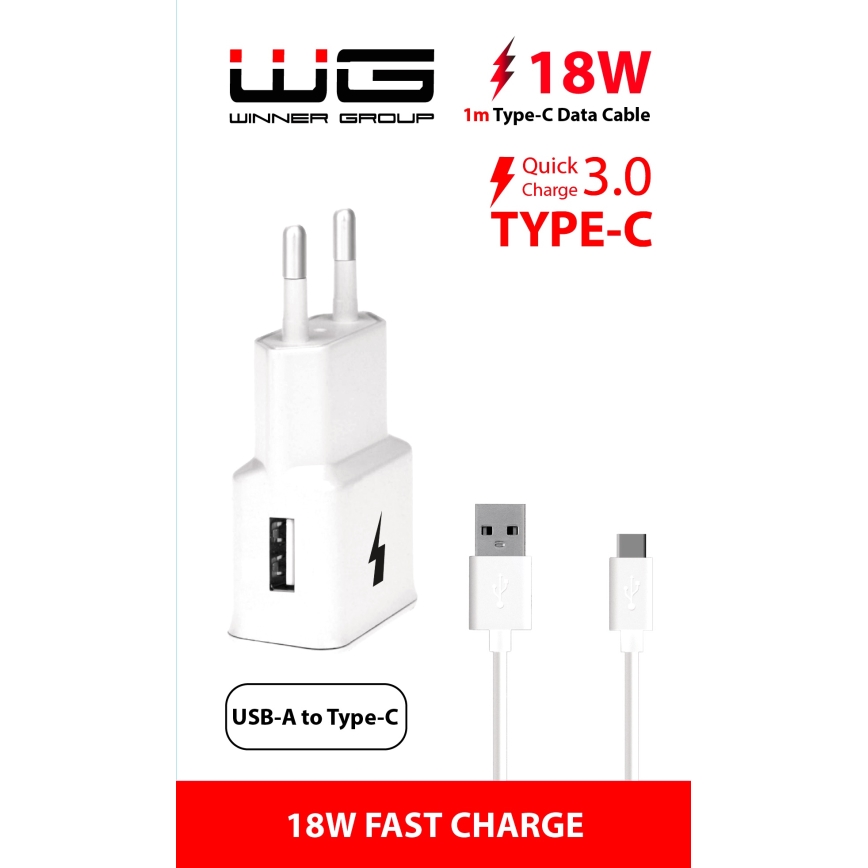 Winner Group- Adapter voor snel opladen 1xUSB-A PD 18W + USB-kabel USB-C / USB-A 1m