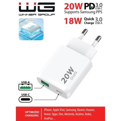 Winner Group - Adapter voor snel opladen 1xUSB-C + 1xUSB-A Power Delivery 20W wit