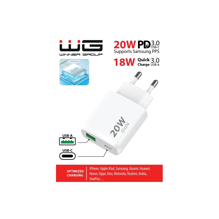 Winner Group - Adapter voor snel opladen 1xUSB-C + 1xUSB-A Power Delivery 20W wit