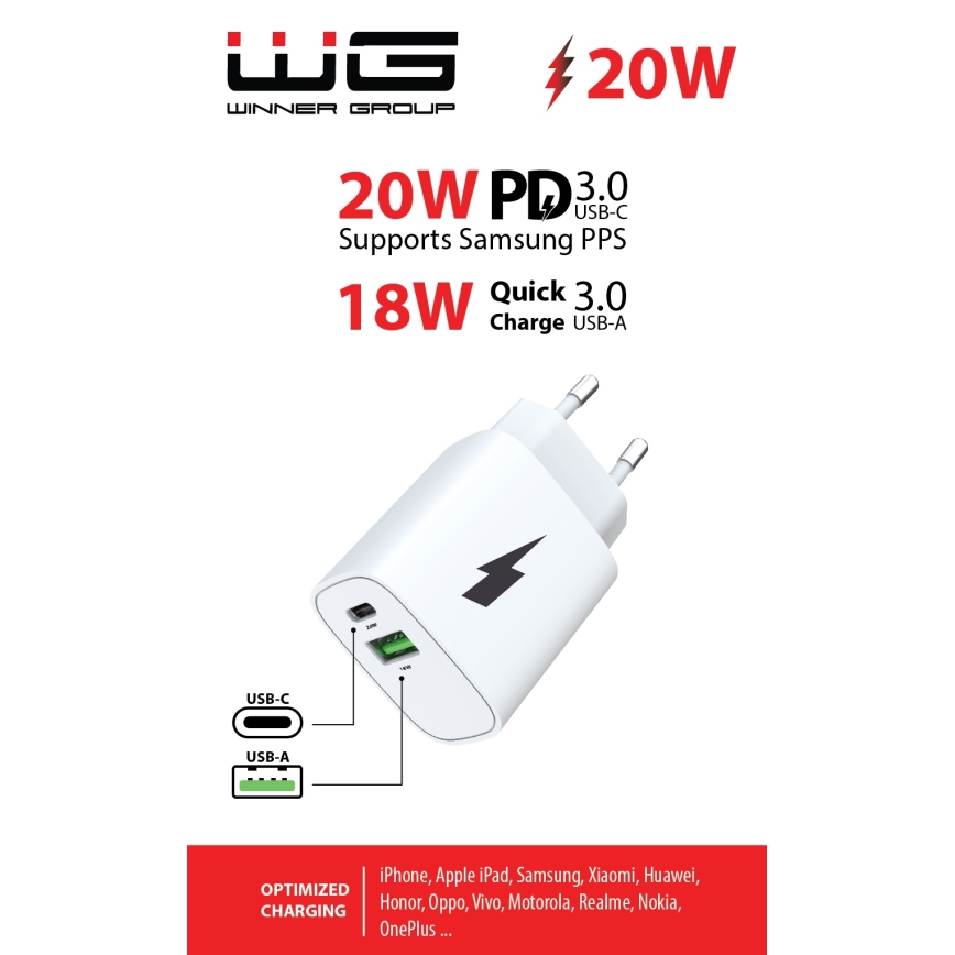 Winner Group - Adapter voor snel opladen 1xUSB-C + 1xUSB-A Power Delivery 20W wit