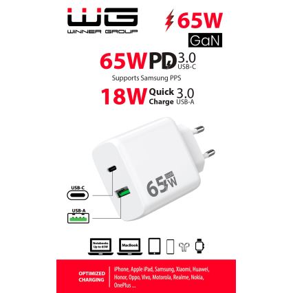 Winner Group - Adapter voor snel opladen 1xUSB-C + 1xUSB-A Power Delivery 65W wit