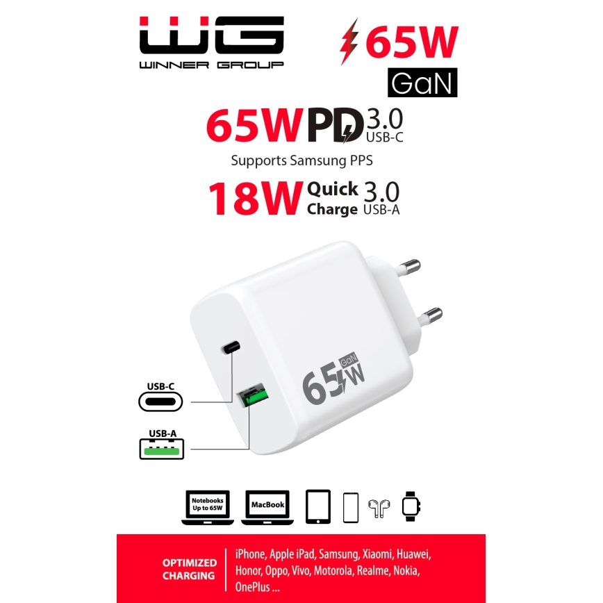 Winner Group - Adapter voor snel opladen 1xUSB-C + 1xUSB-A Power Delivery 65W wit