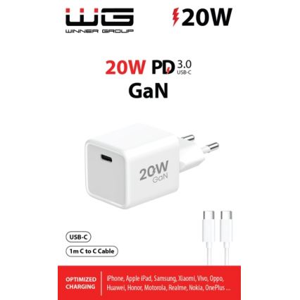 Winner Group- Adapter voor snel opladen 1xUSB-C PD 20W + USB-kabel USB-C / USB-C 1m