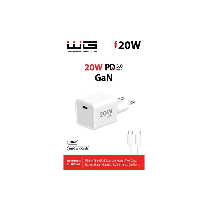 Winner Group- Adapter voor snel opladen 1xUSB-C PD 20W + USB-kabel USB-C / USB-C 1m