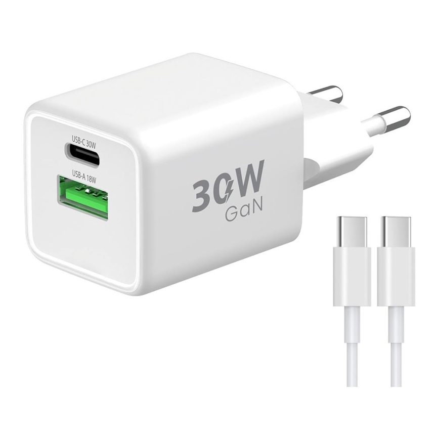 Winner Group - Adapter voor snel opladen 2xUSB PD 30W + USB-kabel USB-C / USB-C 1m