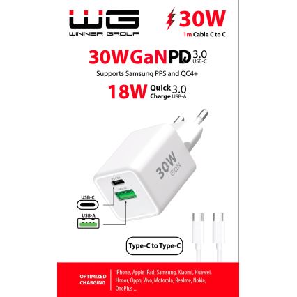 Winner Group - Adapter voor snel opladen 2xUSB PD 30W + USB-kabel USB-C / USB-C 1m
