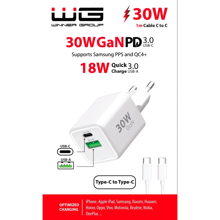 Winner Group - Adapter voor snel opladen 2xUSB PD 30W + USB-kabel USB-C / USB-C 1m