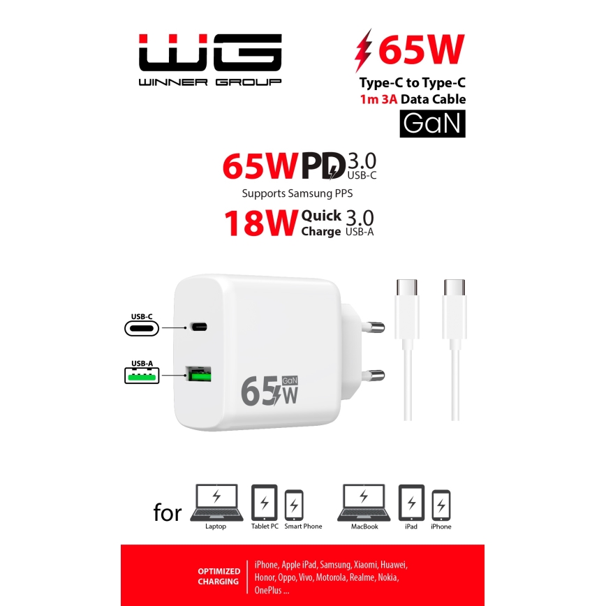 Winner Group - Adapter voor snel opladen 2xUSB PD 65W + USB-kabel USB-C / USB-C 1m