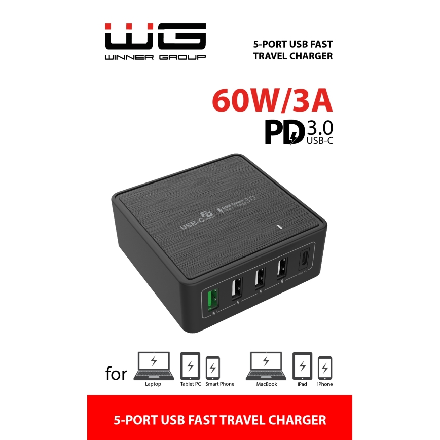 Winner Group - Adapter voor snel opladen 5xUSB-C Power Delivery 60W zwart