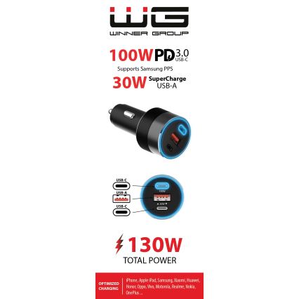 Winner Group - Autolader 2xUSB-C + 1xUSB-A Power Delivery 130W zwart