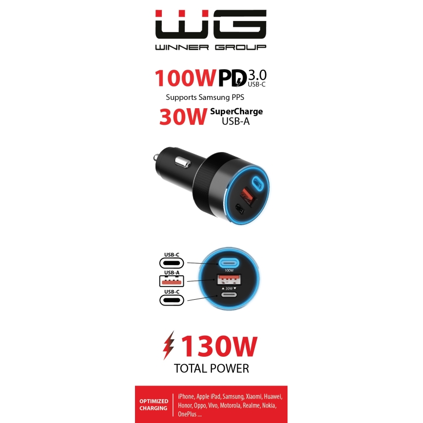 Winner Group - Autolader 2xUSB-C + 1xUSB-A Power Delivery 130W zwart