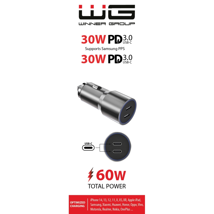 Winner Group - Autolader 2xUSB-C Power Delivery 60W zilver