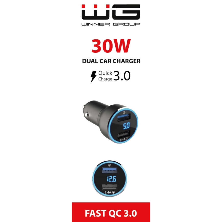 Winner Group - Autolader met een scherm 2xUSB-A Power Delivery 30W zwart