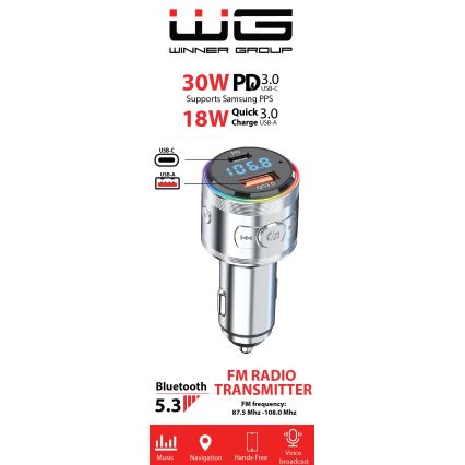 Winner Group - Autolader met FM-zender en handsfreefunctie 20W zilver