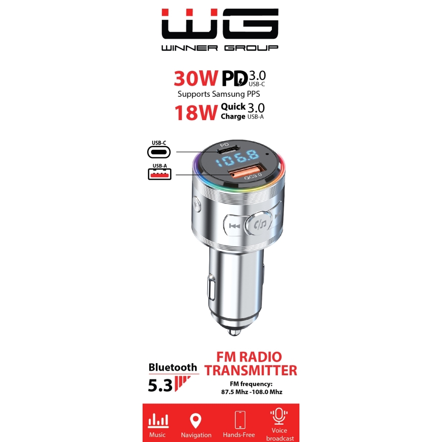 Winner Group - Autolader met FM-zender en handsfreefunctie 20W zilver