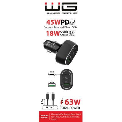 Winner Group - Chargeur pour voiture 1xUSB-C + 1xUSB-A Power Delivery 63W + Câble USB USB-C / USB-C 1 m noir