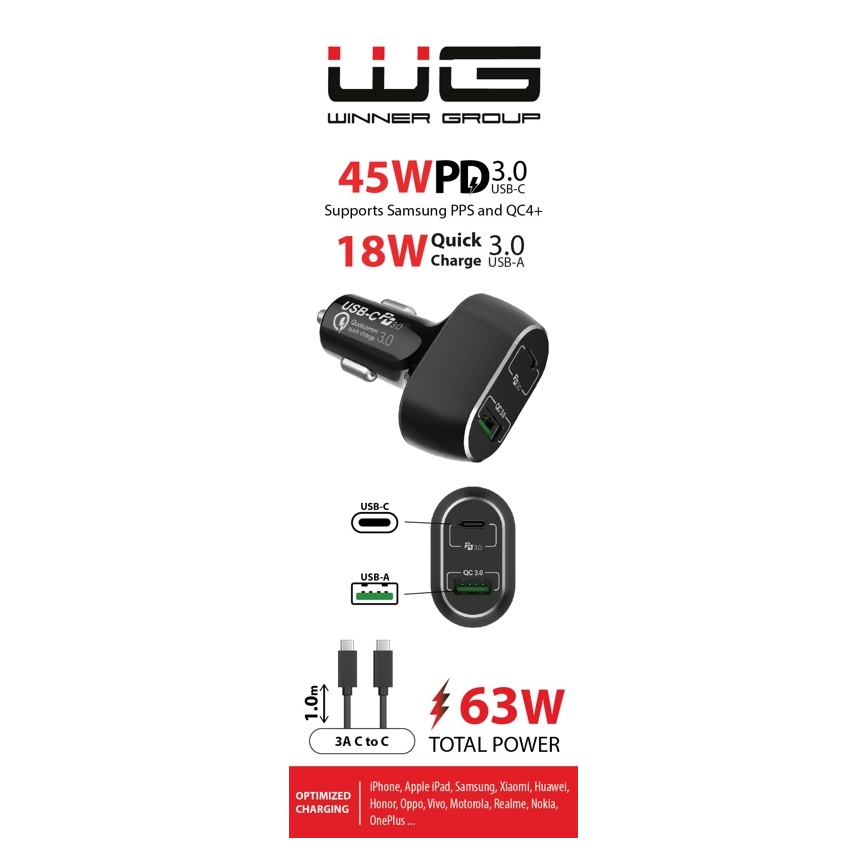 Winner Group - Chargeur pour voiture 1xUSB-C + 1xUSB-A Power Delivery 63W + Câble USB USB-C / USB-C 1 m noir