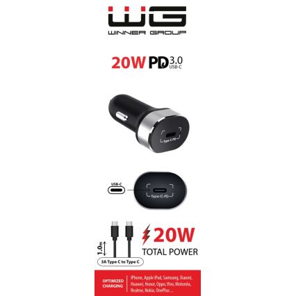 Winner Group - Chargeur pour voiture 1xUSB-C Power Delivery 20W + Câble USB USB-C / USB-C 1 m noir