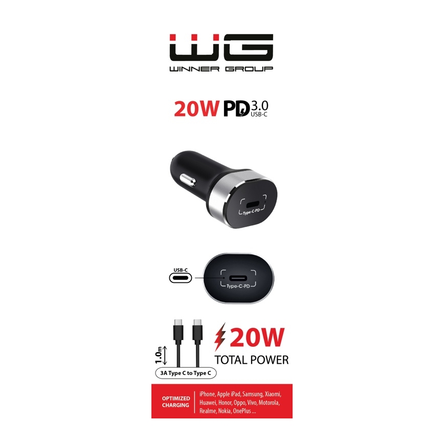 Winner Group - Chargeur pour voiture 1xUSB-C Power Delivery 20W + Câble USB USB-C / USB-C 1 m noir