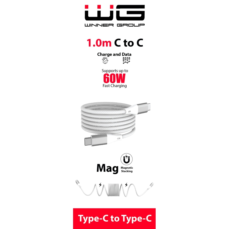 Winner Group - Magnetisch USB-kabel USB-C / USB-C 60W 1m wit