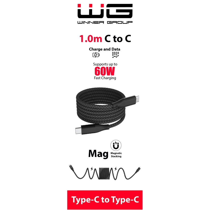 Winner Group - Magnetisch USB-kabel USB-C / USB-C 60W 1m zwart