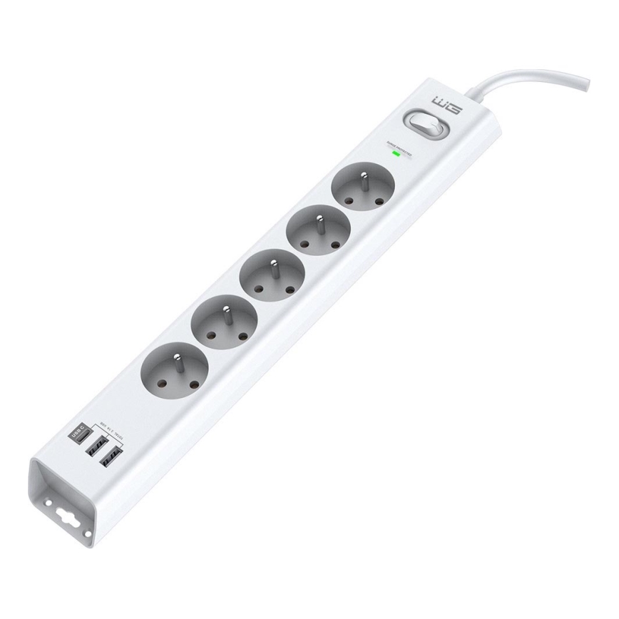 Winner Group - Multiprise parafoudre 5 prises + 2x USB-A + 1x USB-C blanche