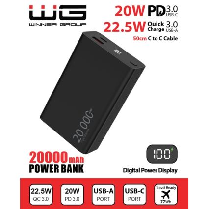 Winner Group - Powerbank met display 20000 mAh 20W Power Delivery zwart