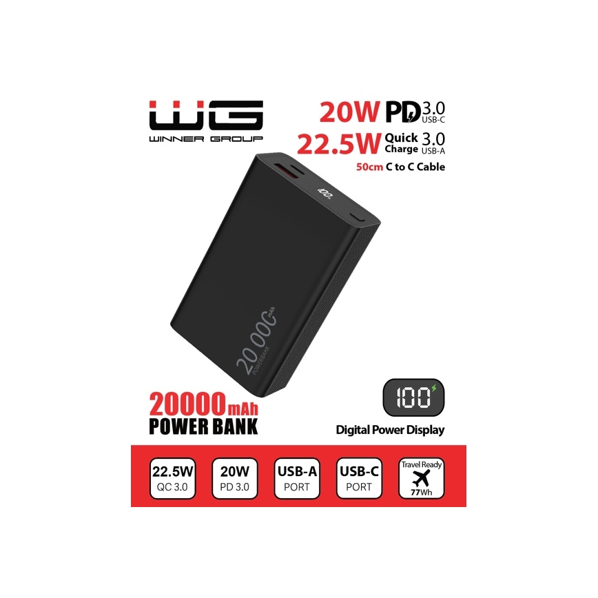 Winner Group - Powerbank met display 20000 mAh 20W Power Delivery zwart