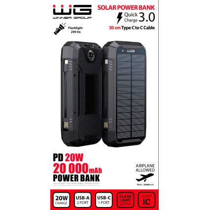 Winner Group - Powerbank met draadloos opladen en zonnepaneel 20000 mAh 20W PD