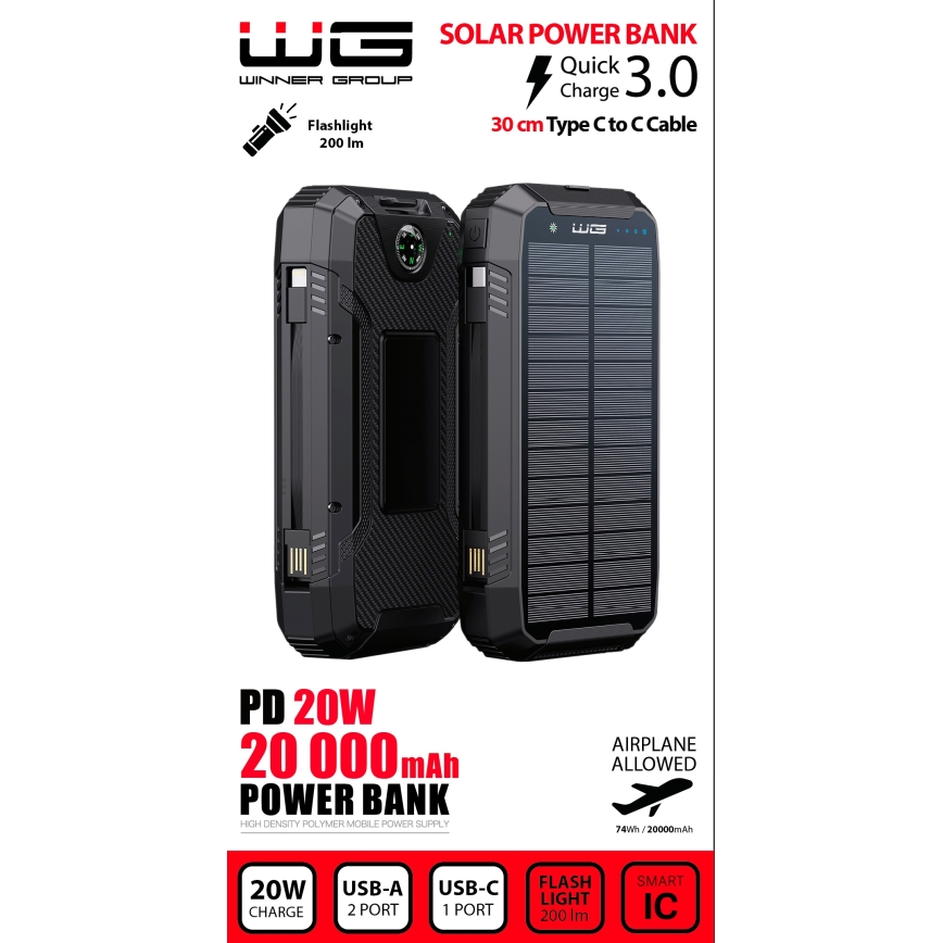 Winner Group - Powerbank met draadloos opladen en zonnepaneel 20000 mAh 20W PD