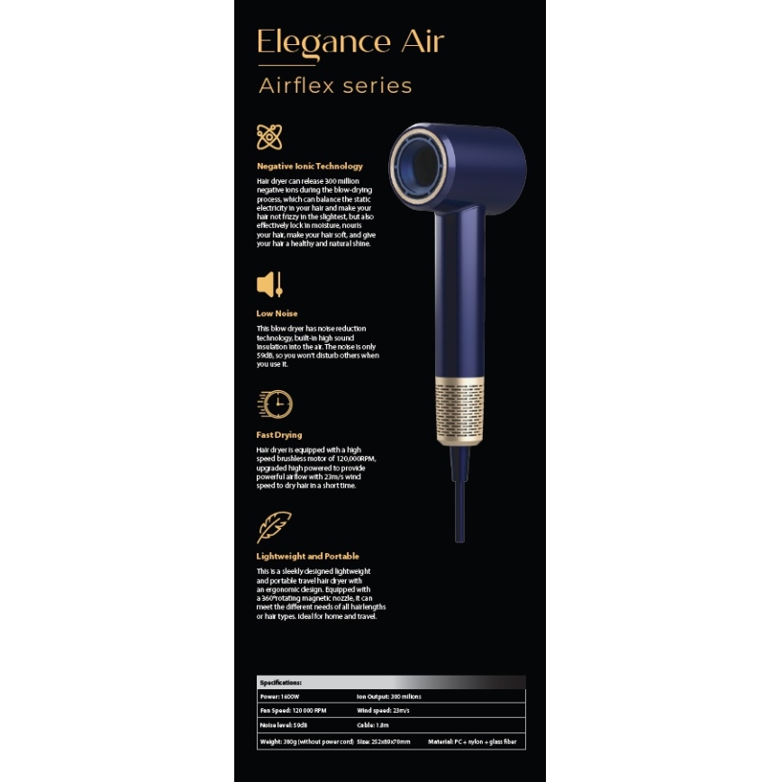 Winner Group - Sèche-cheveux avec ionisateur Elegance Air 1600W/230V bleu