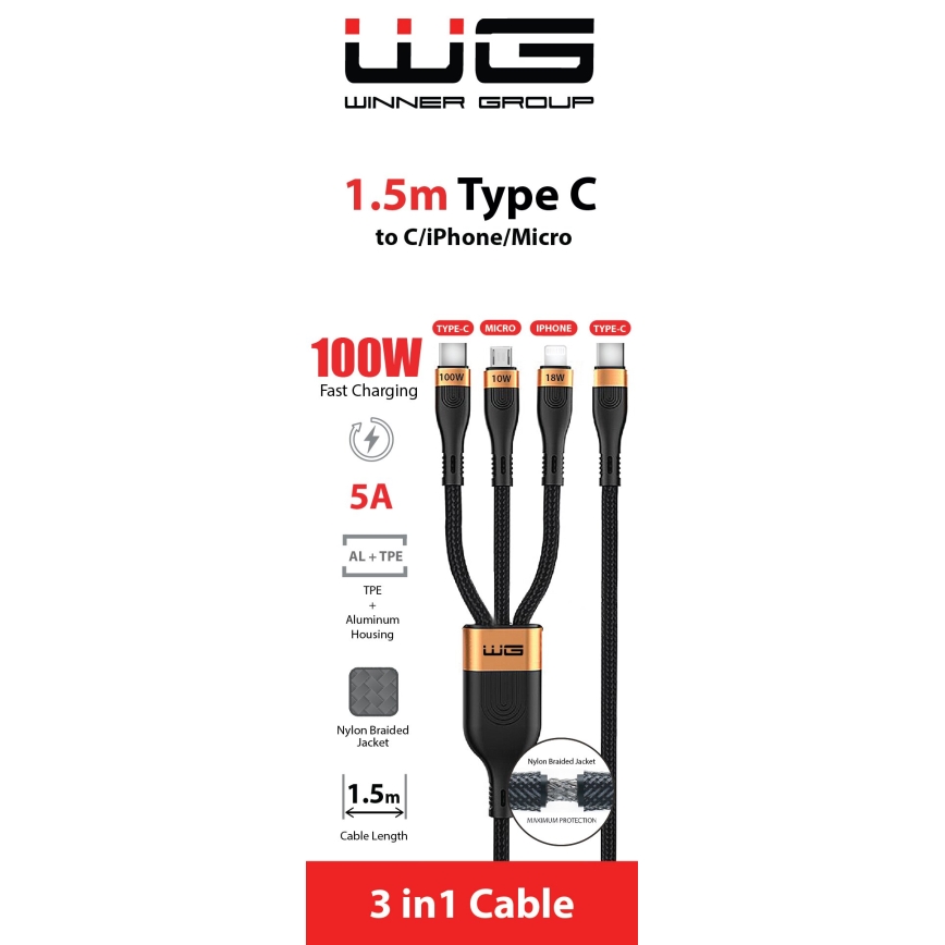 Winner Group -USB-kabel 3in1 USB-C / Lightning, USB-C en Micro USB 100W 1,5m zwart
