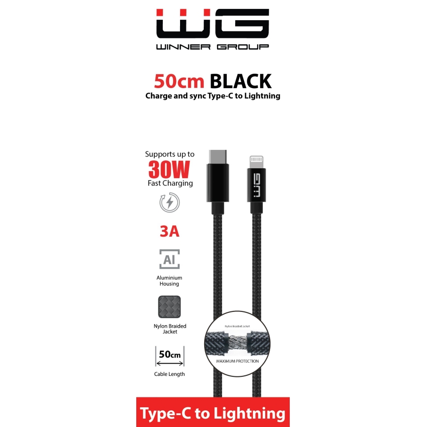 Winner Group - USB-kabel Lightning / USB-C 60W 50cm zwart