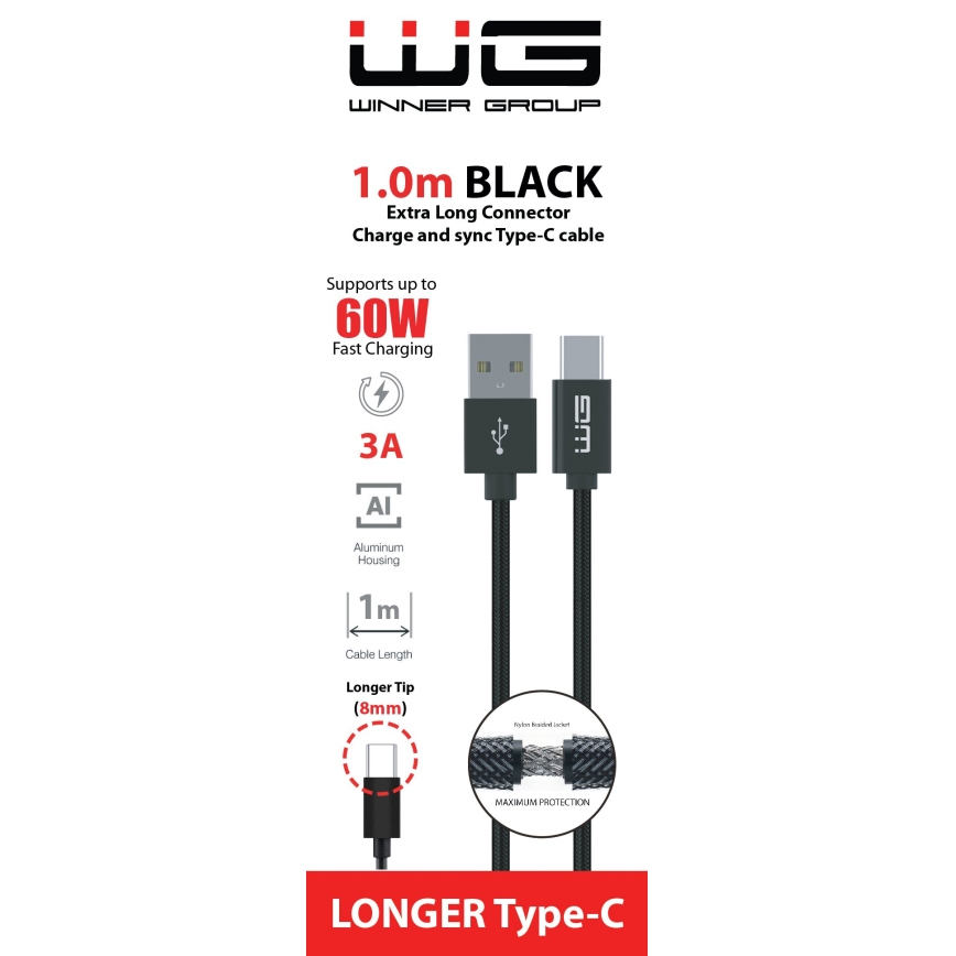 Winner Group - USB-kabel met verlengde connector USB-C / USB-A 1m zwart